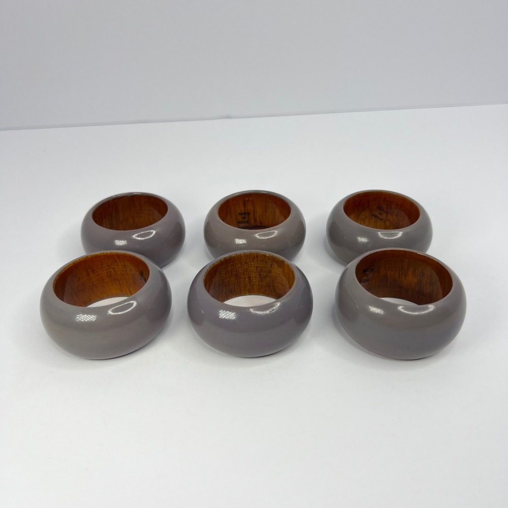 6 Vintage Wood Greige Napkin Rings Made in India Taupe Grey‎ Boho Eclectic Retro